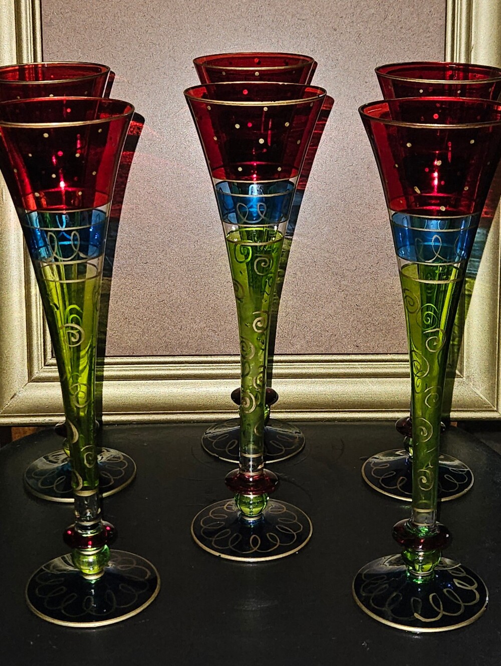Vintage Pier 1 Set of 6 Hand Painted Colorful Champaign Glasses